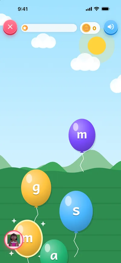 Balloon Pop: balloons carrying letter sounds